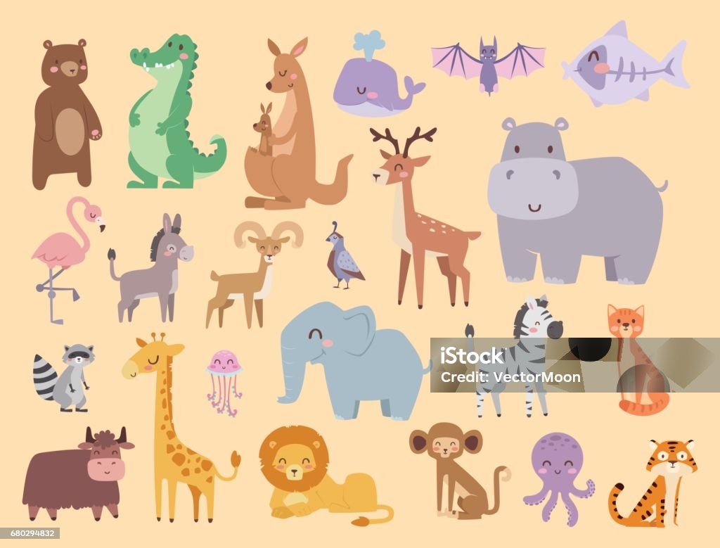 Cute zoo cartoon animals isolated funny wildlife learn cute language and tropical nature safari mammal jungle tall characters vector illustration Cute zoo cartoon animals isolated funny wildlife learn cute language and tropical nature safari mammal jungle tall characters vector illustration. Nature wild study africa savanna. Safari Animals stock vector