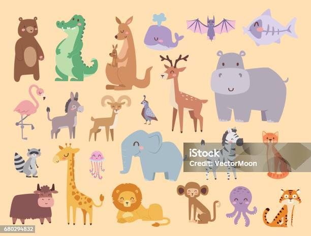 Cute Zoo Cartoon Animals Isolated Funny Wildlife Learn Cute Language And Tropical Nature Safari Mammal Jungle Tall Characters Vector Illustration Stock Illustration - Download Image Now