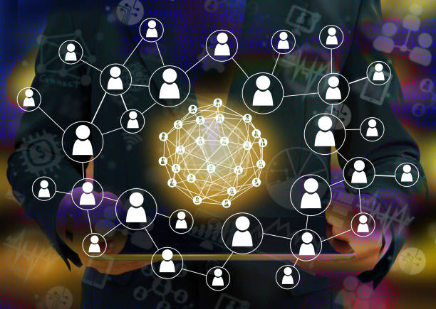 istock Fintech and Peer-to-peer payment concept. Peer-to-peer payment network icons with abstract man suit holding tablet and digital binary code background. 680295230