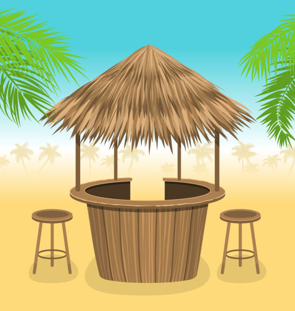 Beach Bar Thatch. Outdoor Background with Lounge Cafe Illustration Beach Bar Thatch. Outdoor Background with Lounge Cafe. Summer Time. Vacation - Vector straw roof stock illustrations