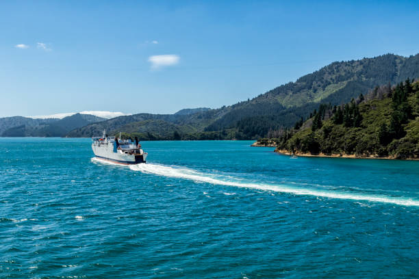 ferry on cook strait between new zealand's north and south islands - cook strait imagens e fotografias de stock