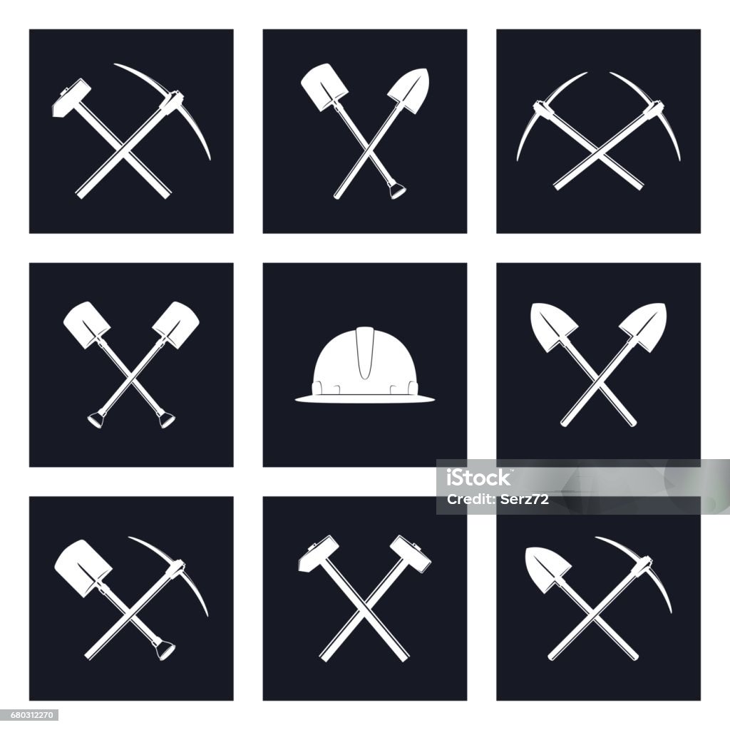Set Icons of Working Tools Set Icons of Working Equipment, Tools for Excavation and Percussion Works, Mining and Construction Industry, Black and White Vector Illustration Digging stock vector