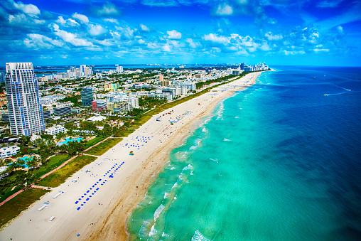 The white sands and turquoise ocean of beautiful Miami Beach, Florida as shot from an altitude of about 500 feet during a helicopter photo flight.