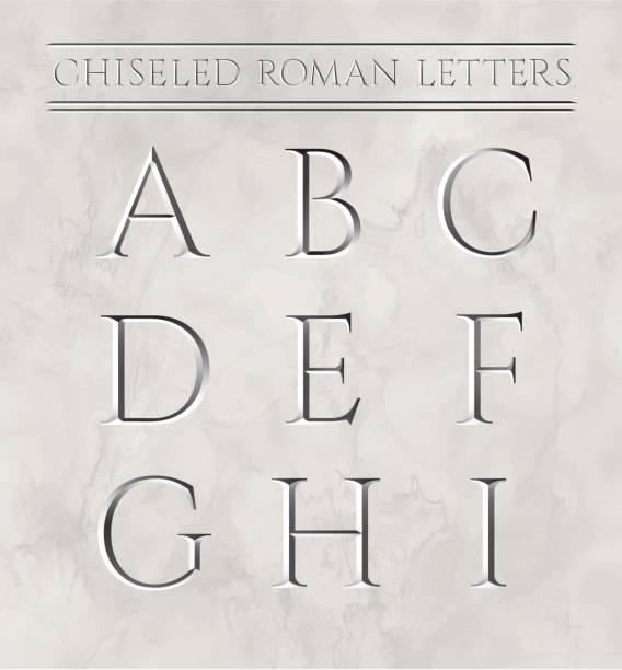 Roman letters chiseled in marble stone. Vector illustration. Letters a, b, c, d, e, f, g, h, i. Roman letters chiseled in marble stone. Vector illustration. Letters a, b, c, d, e, f, g, h, i. frieze stock illustrations