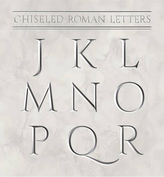ilustrações, clipart, desenhos animados e ícones de as letras romanas esculpido em pedra de mármore. ilustração em vetor. letras j, k, l, m, n, o, p, q, r. - entalhe