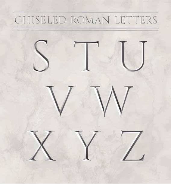 ilustrações, clipart, desenhos animados e ícones de as letras romanas esculpido em pedra de mármore. ilustração em vetor. letras s, t, u, v, w, x, y, z. - chiseled