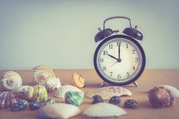 istock Retro alarm clock with shell on sand beach background
Made from vintage filter effect, Vintage tone - Summer time travel concept. 680334112
