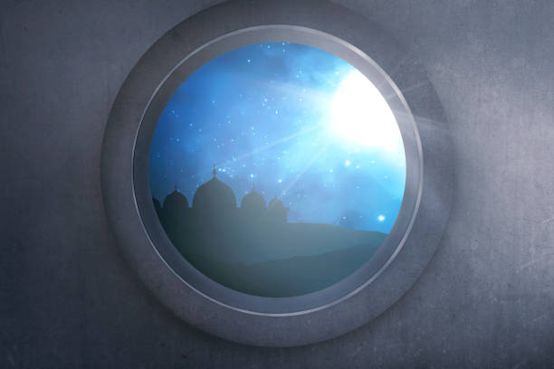 istock Silhouette of mosque with shiny moonlight from window 680334262