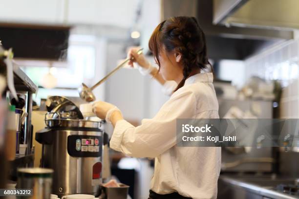 The Salesclerk Who Pours Soup Stock Photo - Download Image Now - Retail Clerk, Kitchen, Japanese Ethnicity