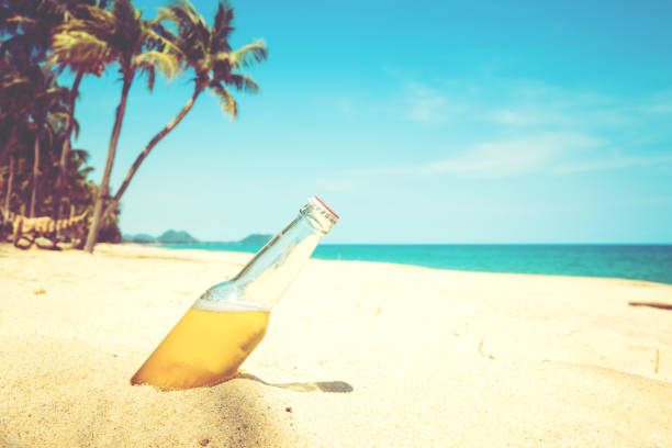 bottiglia di birra sulla spiaggia sabbiosa - beer bottle beer cold alcohol foto e immagini stock