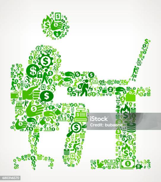 Man Working On Computer Money And Finance Green Vector Icon Background Stock Illustration - Download Image Now