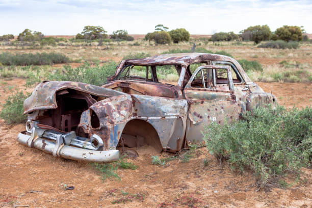 istock Car wreck at Mount Dutton siding, South Australia. 680349400