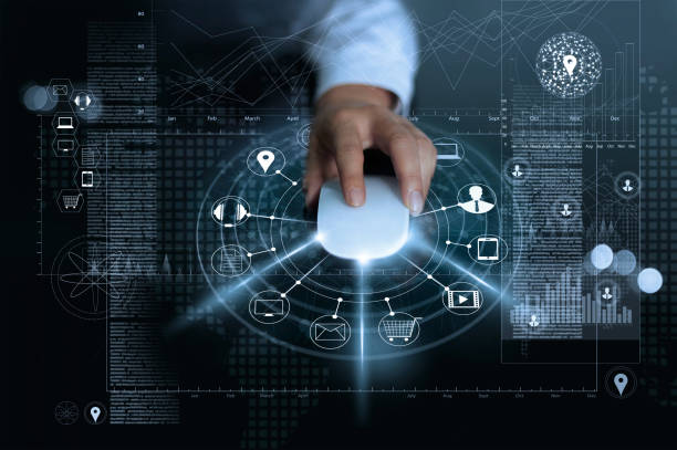 istock Businessman using mouse payments online shopping and icon customer network connection on global information background, m-banking and omni channel, multichannel 680359648
