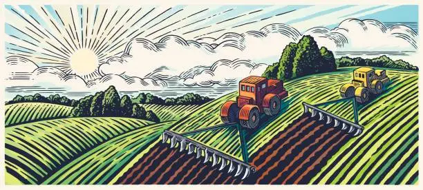 Vector illustration of Spring landscape and tractors.