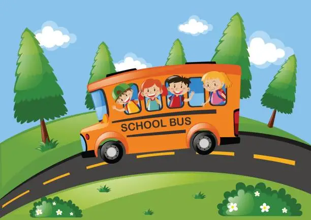 Vector illustration of Children riding on school bus in the park