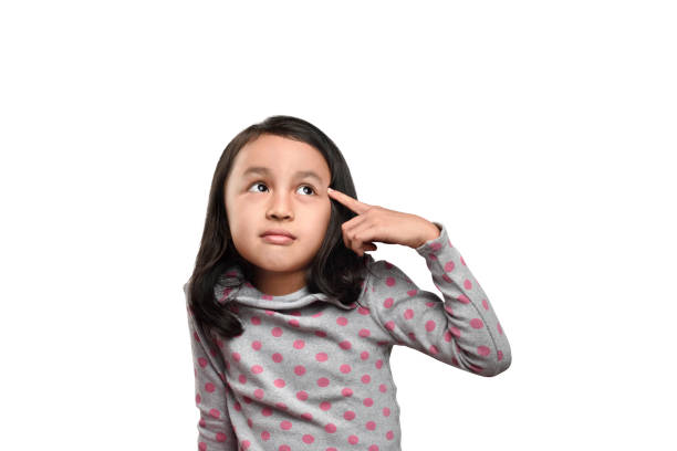 istock Cheerful asian girl looking up thinking looking for idea or clues 680363416