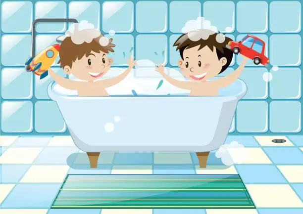 Vector illustration of Two boys taking bubble bath