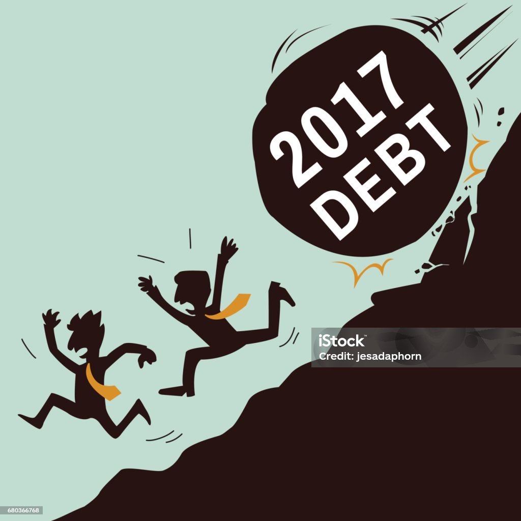 Business crisis in year 2017 Two businessman running away to avoid rock rolling from mountain with text, 2017 debt, business concept in bankruptcy, risk, unstable, or financial crisis in year 2017 coming. Funny vector illustration, simple style character. Escaping stock vector