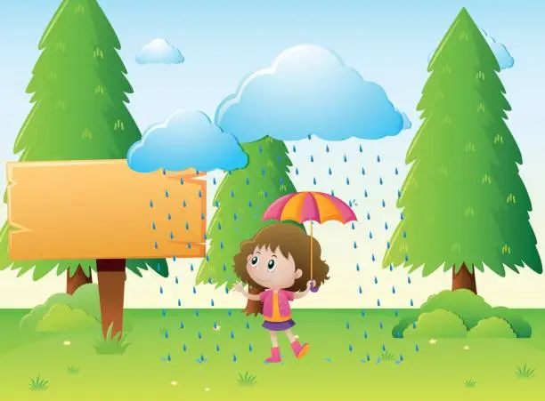 Vector illustration of Wooden sign template with girl in the rain