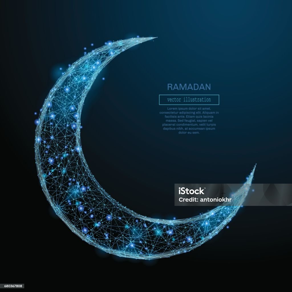 Arabic Moon low poly blue Abstract image of Arabic Moon in the form of a starry sky or space, consisting of points, lines, and shapes in the form of planets, stars and the universe. Vector Ramadan Kareem concept Crescent stock vector