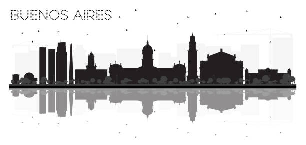 ilustraciones, imágenes clip art, dibujos animados e iconos de stock de buenos aires silueta horizonte blanco y negro con reflejos. - taxi buenos aires people city