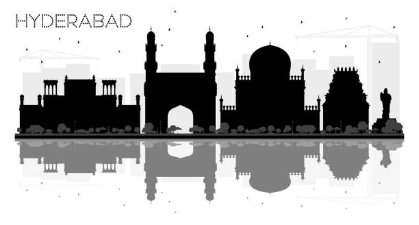 illustrazioni stock, clip art, cartoni animati e icone di tendenza di hyderabad city skyline silhouette in bianco e nero con riflessi. - hyderabad