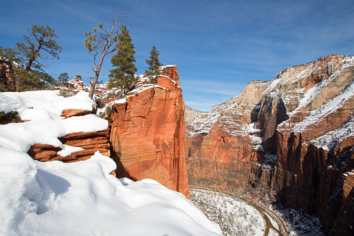 View from Scouts Lookout on Angels Landing Hiking Trail in Zion National Park in Utah USA