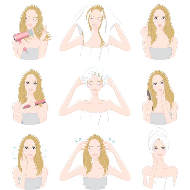 ilustrações, clipart, desenhos animados e ícones de mulheres que fazem o cabelo cuidados - hair care illustrations