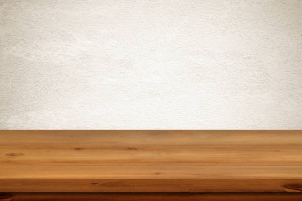 istock Empty wooden table over vintage cement wall background, product display montage, template 680373694