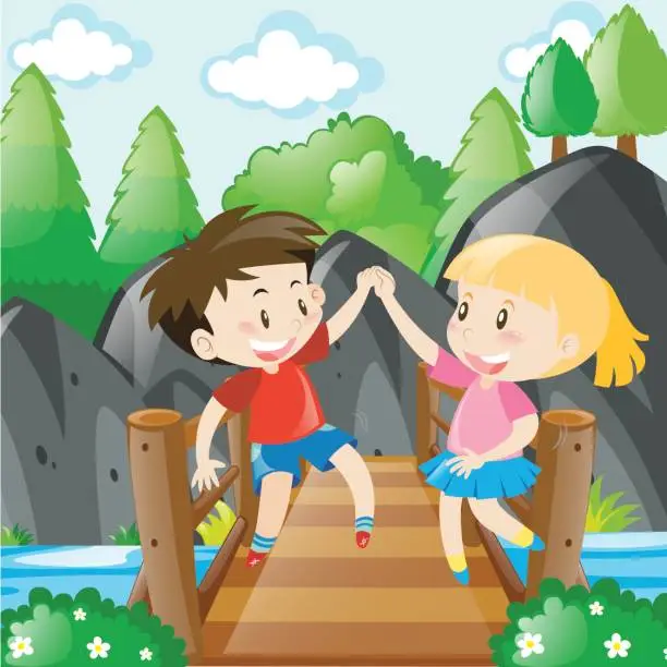 Vector illustration of Boy and girl holding hands on bridge