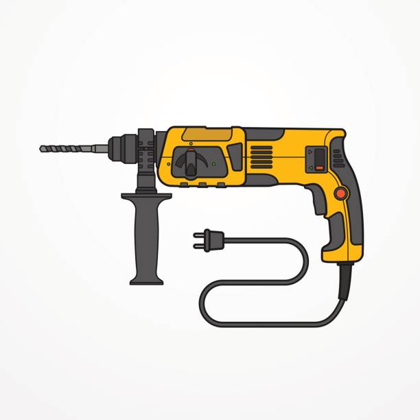 Rotary hammer vector image Typical rotary hammer with wire and auger. Modern isolated drill tool in flat style. Professional power tool vector stock image. chuck drill part stock illustrations