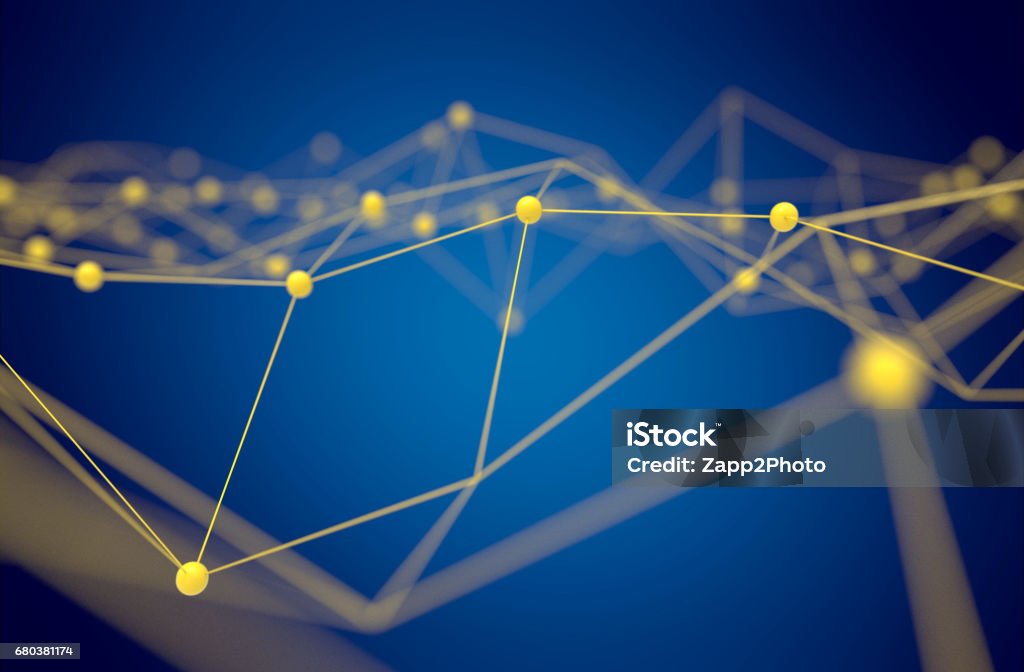 Fintech technology and Blockchain network concept , Distributed ledger technology , Yellow Distributed connection atom and text with blue background , 3d rendering Data Stock Photo