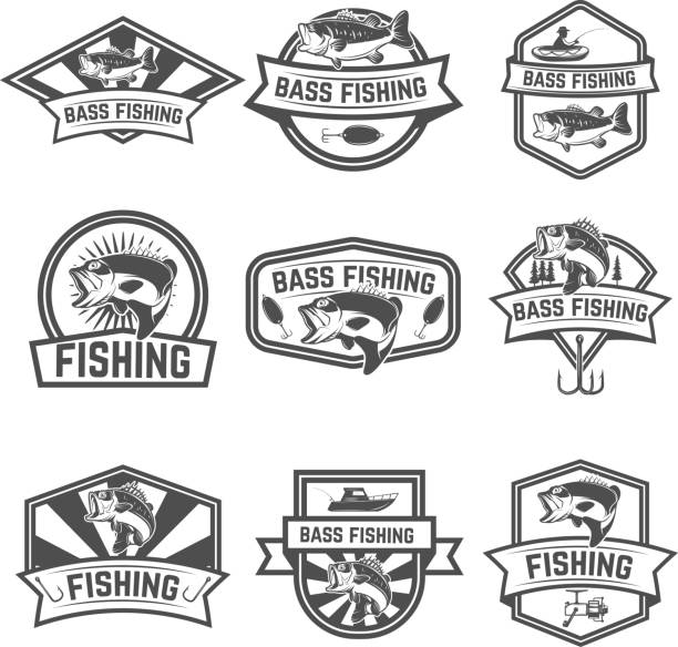 illustrazioni stock, clip art, cartoni animati e icone di tendenza di set di modelli di emblemi di pesca basso isolati su sfondo bianco. progettare elementi per etichetta, segno. illustrazione vettoriale - bite sized