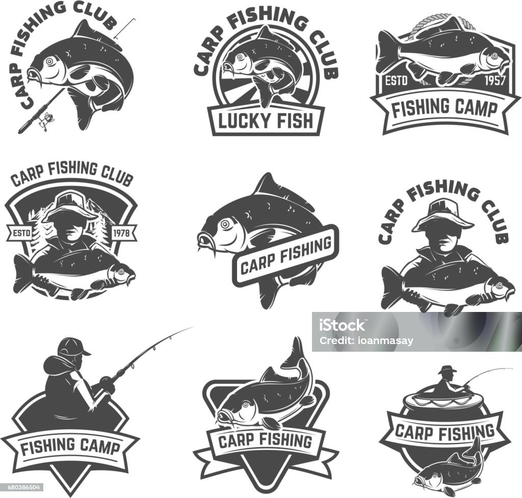 Set of carp fishing labels isolated on white background. Design elements for  lalbel, emblem, sign. Vector illustration. Set of carp fishing labels isolated on white background. Design elements for lalbel, emblem, sign. Vector illustration. Carp stock vector