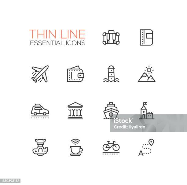 Traveling Line Icons Set Stock Illustration - Download Image Now - Airplane, Bicycle, Bizarre