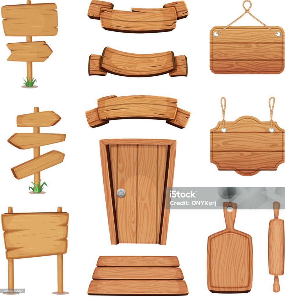 Vector illustration of wooden signboards, doors, plates and other different shapes with wood texture Vector illustration of wooden signboards, doors, plates and other different shapes with wood texture. Wooden board and door, signboard and wooden banner plank Wood - Material stock vector