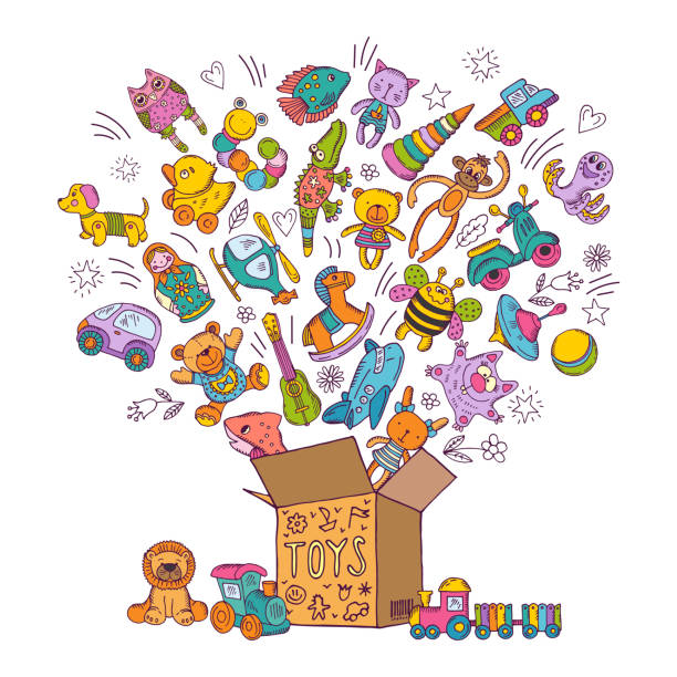 kinderbox für spielzeug. doodle bilder vektordarstellung - pyramide sammlung stock-grafiken, -clipart, -cartoons und -symbole