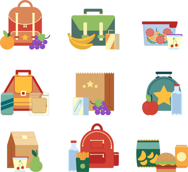 lunch-box und tasche mit gesunde ernährung für kinder. vektor-illustrationen in flachen stil - lunch box packed lunch apple symbol stock-grafiken, -clipart, -cartoons und -symbole