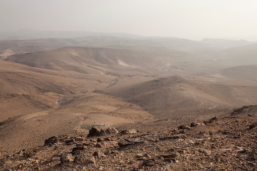 Rocky desert hills background in the Negev Desert, Israel, Middle East.