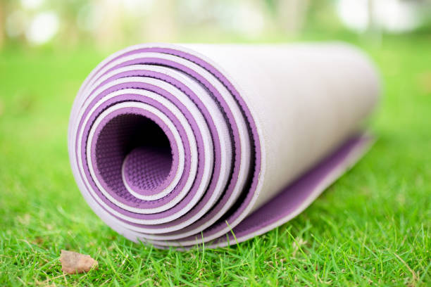 istock Close-up of rolled exercise mat on grass 680410028