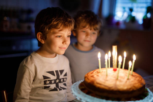 duas belas crianças, meninos pré-escola comemorando aniversário e velas - birthday cake family germany indoors - fotografias e filmes do acervo