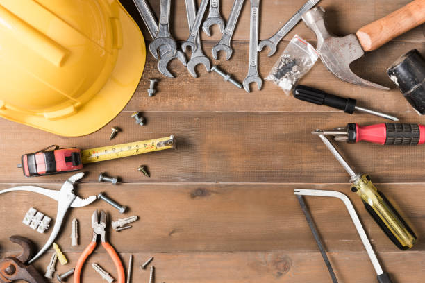 istock set of tools supplies on wood background 680412202