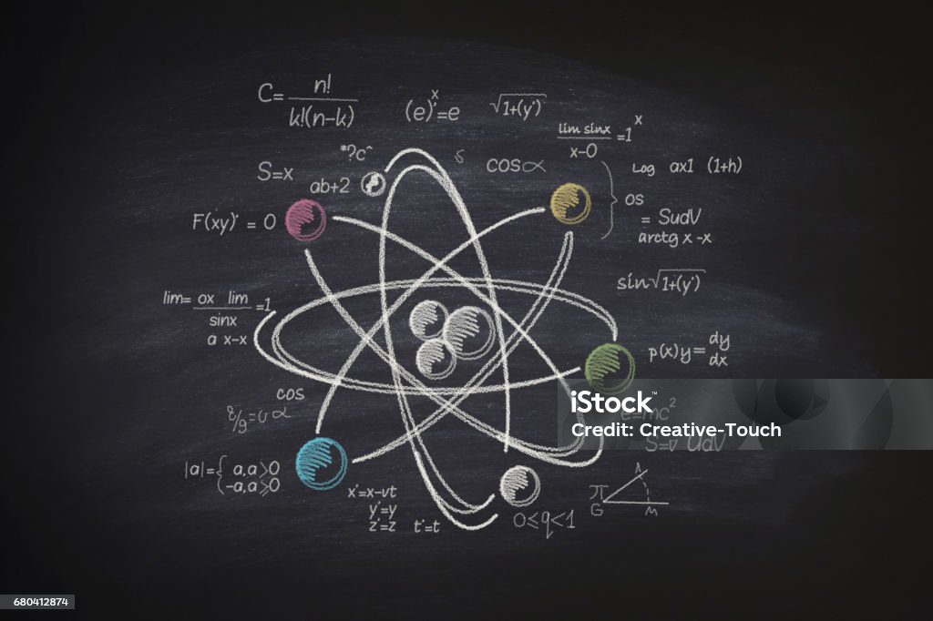 Atomic molecule on blackboard Physics Stock Photo