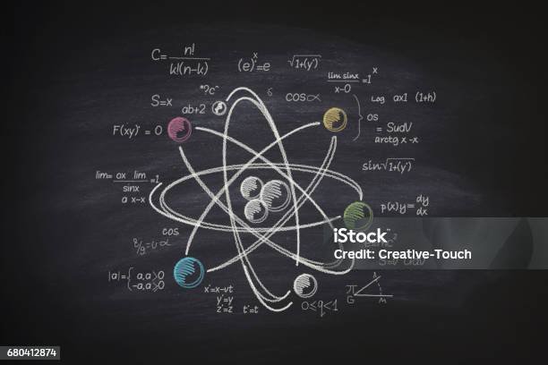 Atomic Molecule On Blackboard Stock Photo - Download Image Now - Physics, Atom, Science