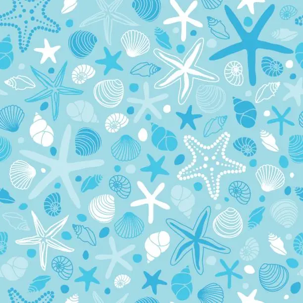 Vector illustration of Cute vintage seamless pattern with hand drawn shells and starfishes