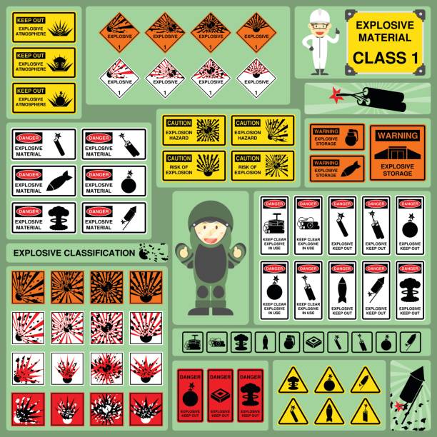 illustrations, cliparts, dessins animés et icônes de ensemble de signes et symboles de la classification de matière explosive - explosif