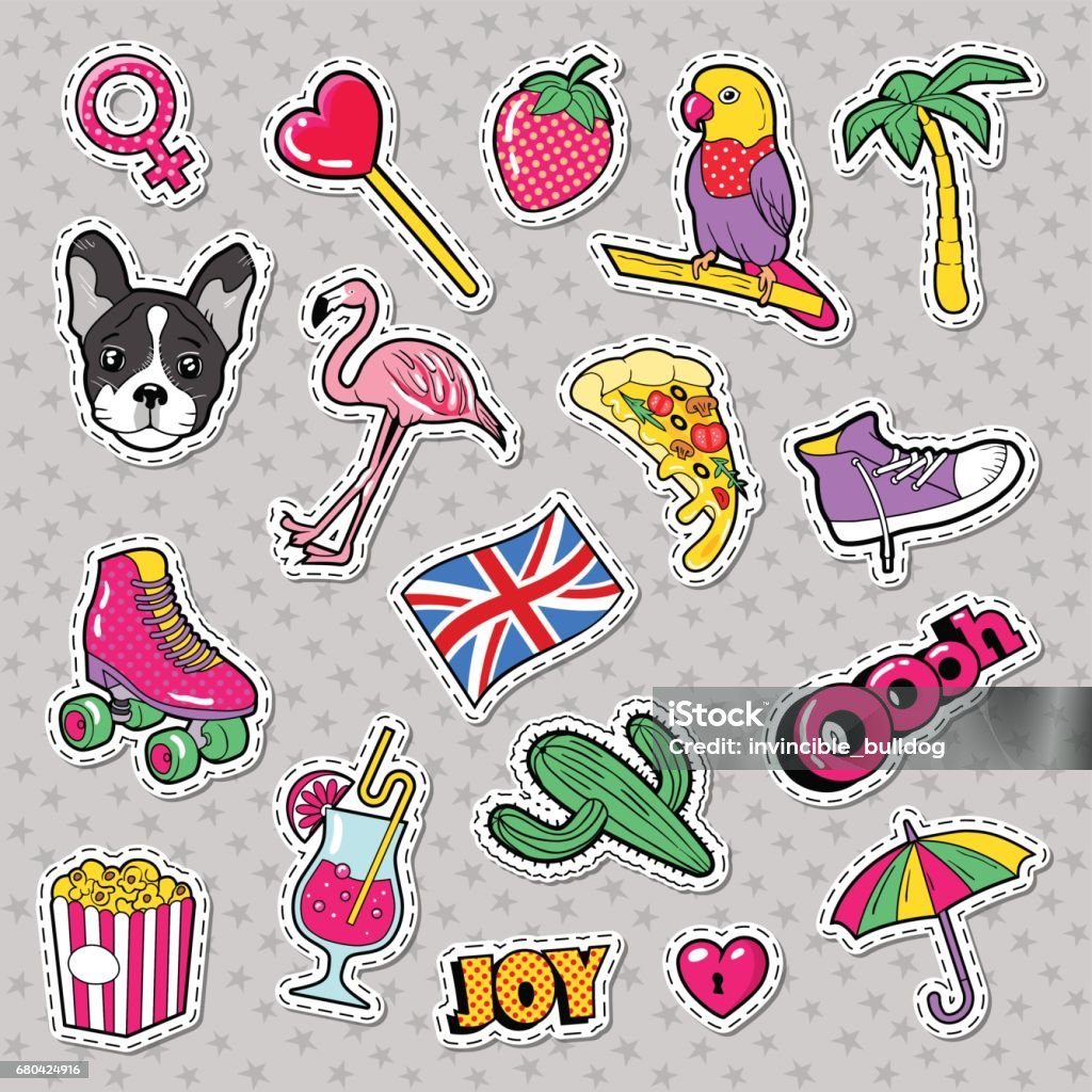 Fashion Girls Badges, Patches, Stickers Fashion Girls Badges, Patches, Stickers with Flamingo Bird, Pizza Parrot and Heart. Vector illustration Cartoon stock vector