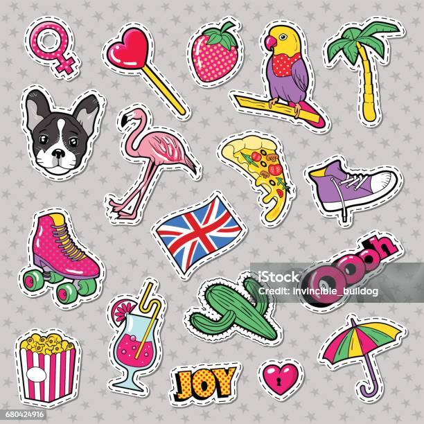 Fashion Girls Badges Patches Stickers Stock Illustration - Download Image Now - Cartoon, Palm Tree, Textile Patch