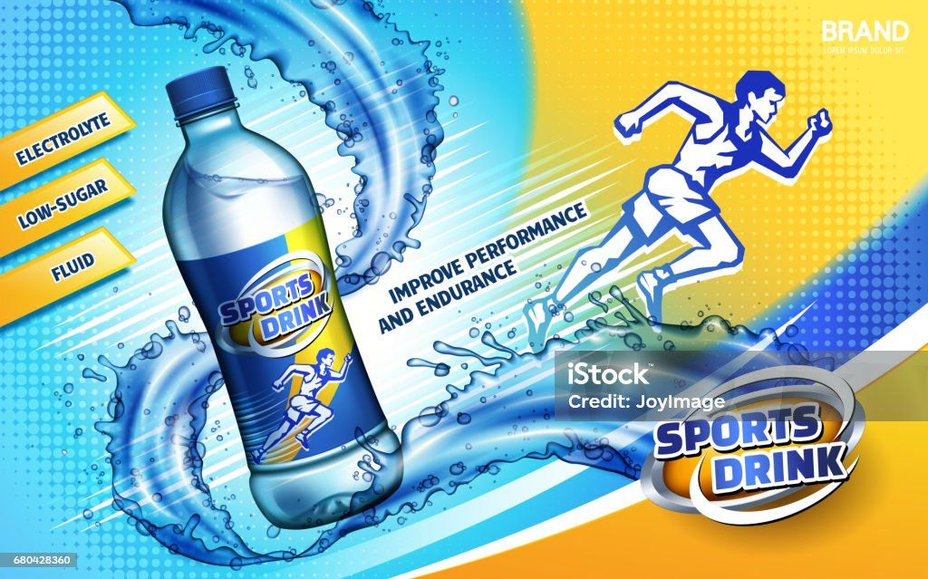 sport drink ad colorful sport drink ad, with a sprinting man logo and water flow, 3d illustration Sport Drink stock vector