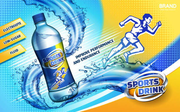 sport drink ad colorful sport drink ad, with a sprinting man logo and water flow, 3d illustration cold drink stock illustrations